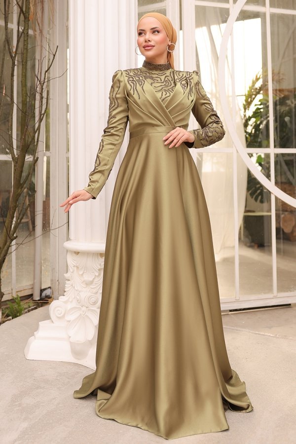 Moda Selvim Vizyon Drapeli Taşlı Saten Abiye Elbise