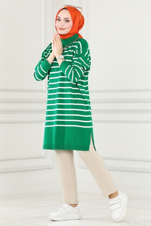 Moda Selvim Benetton Yeşili Çizgili Triko Tunik
