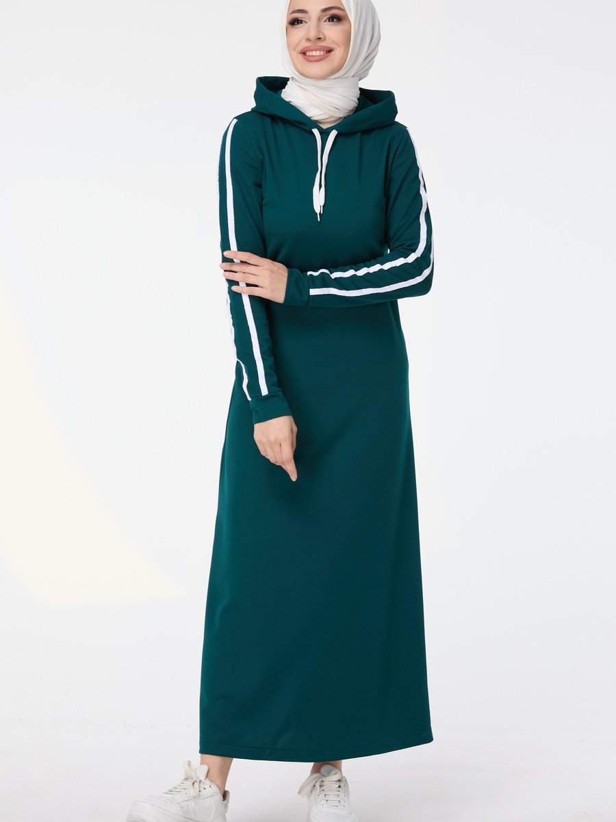 Tofisa Zumrut Kolları Çizgili Kapüşonlu Spor Elbise