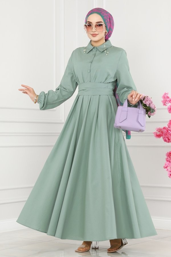 Moda Selvim Mint Kuşaklı Terikoton Elbise