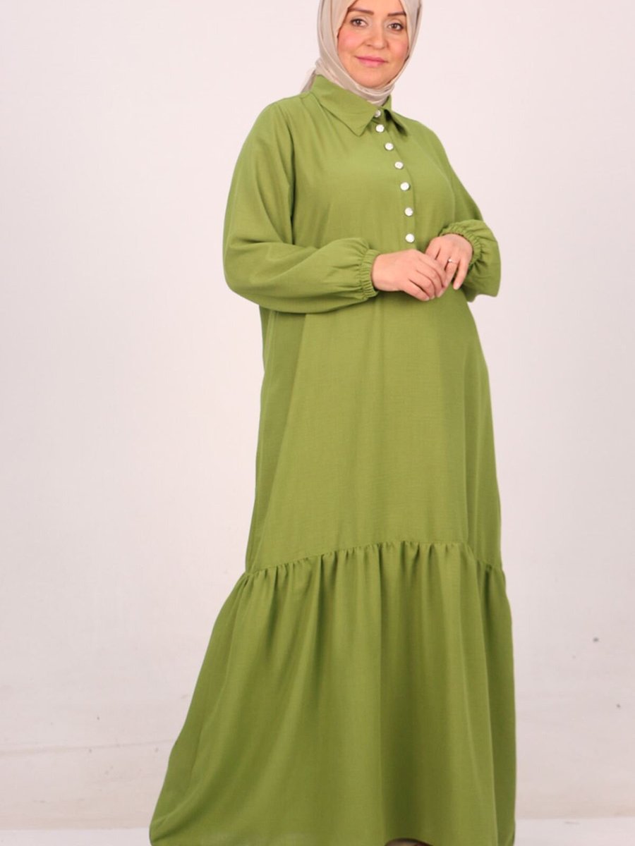 Moda Rosa Yağ Yeşili Büyük Beden Şık Düğmeli Keten Airobin Elbise