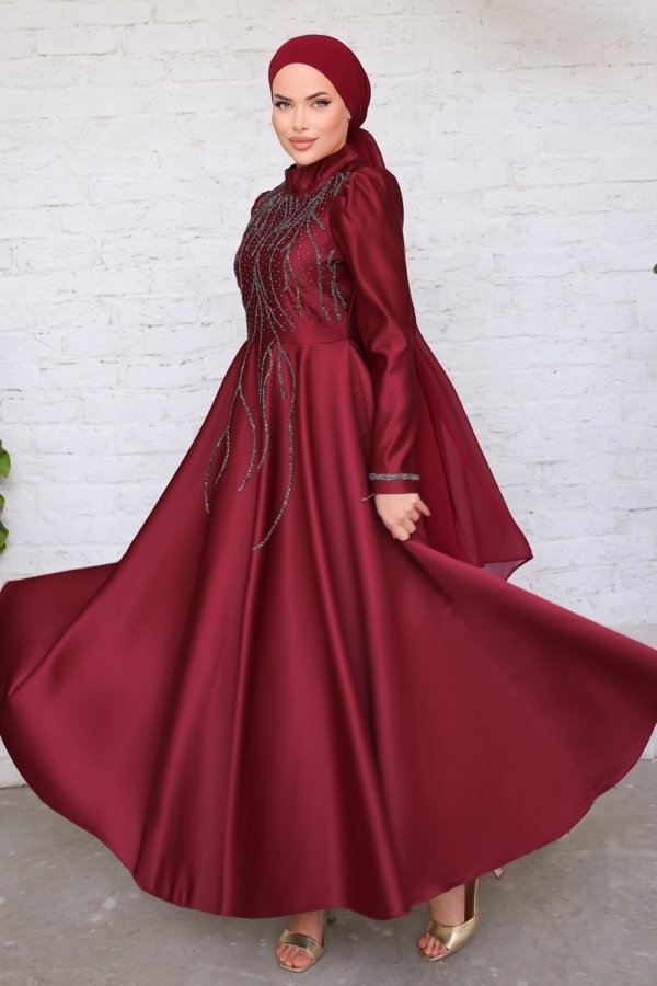 Moda Selvim Bordo Taş İşlemeli Saten Abiye Elbise