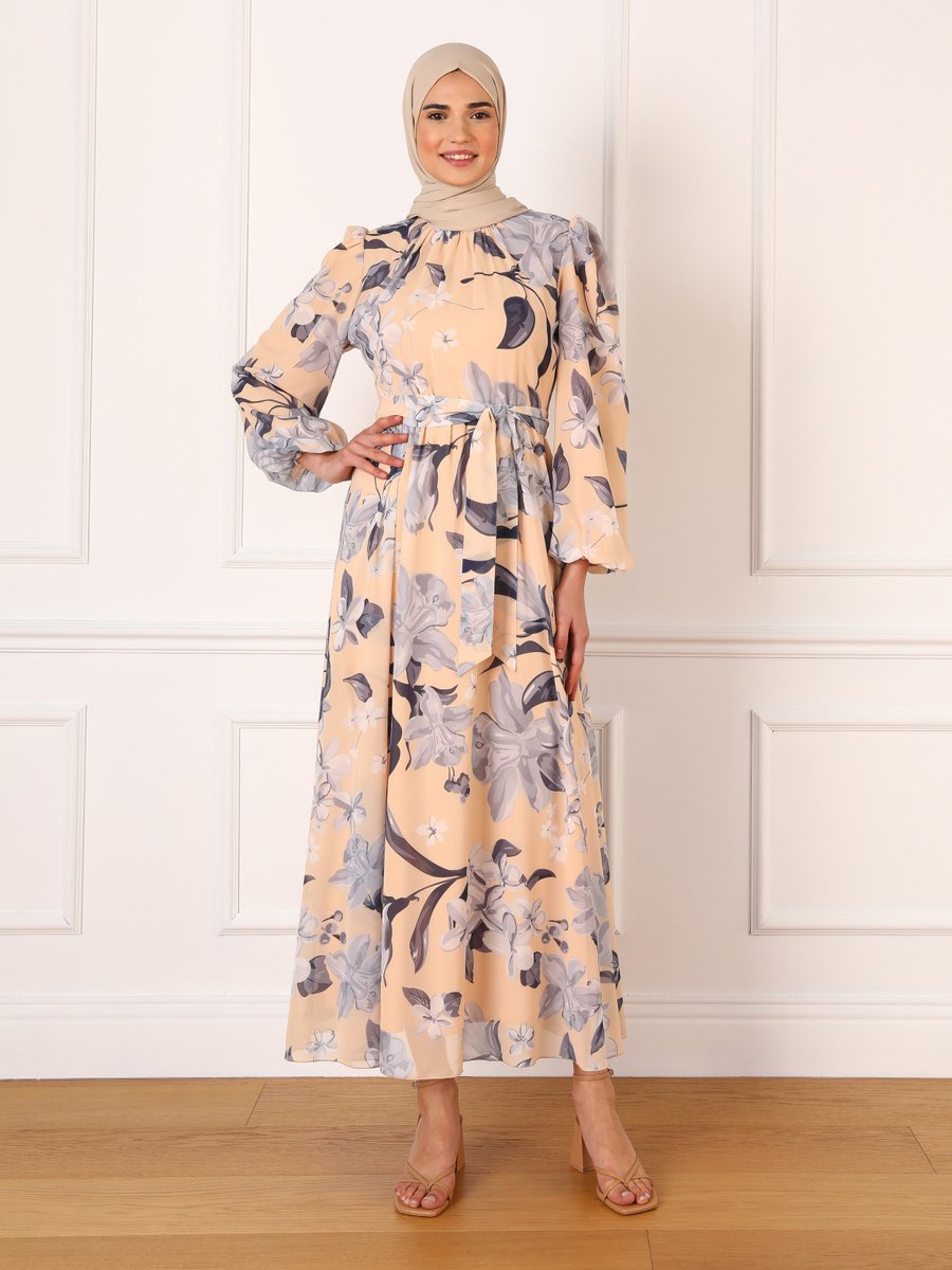 Refka Vanilya Çiçek Desenli Astarlı Şifon Elbise