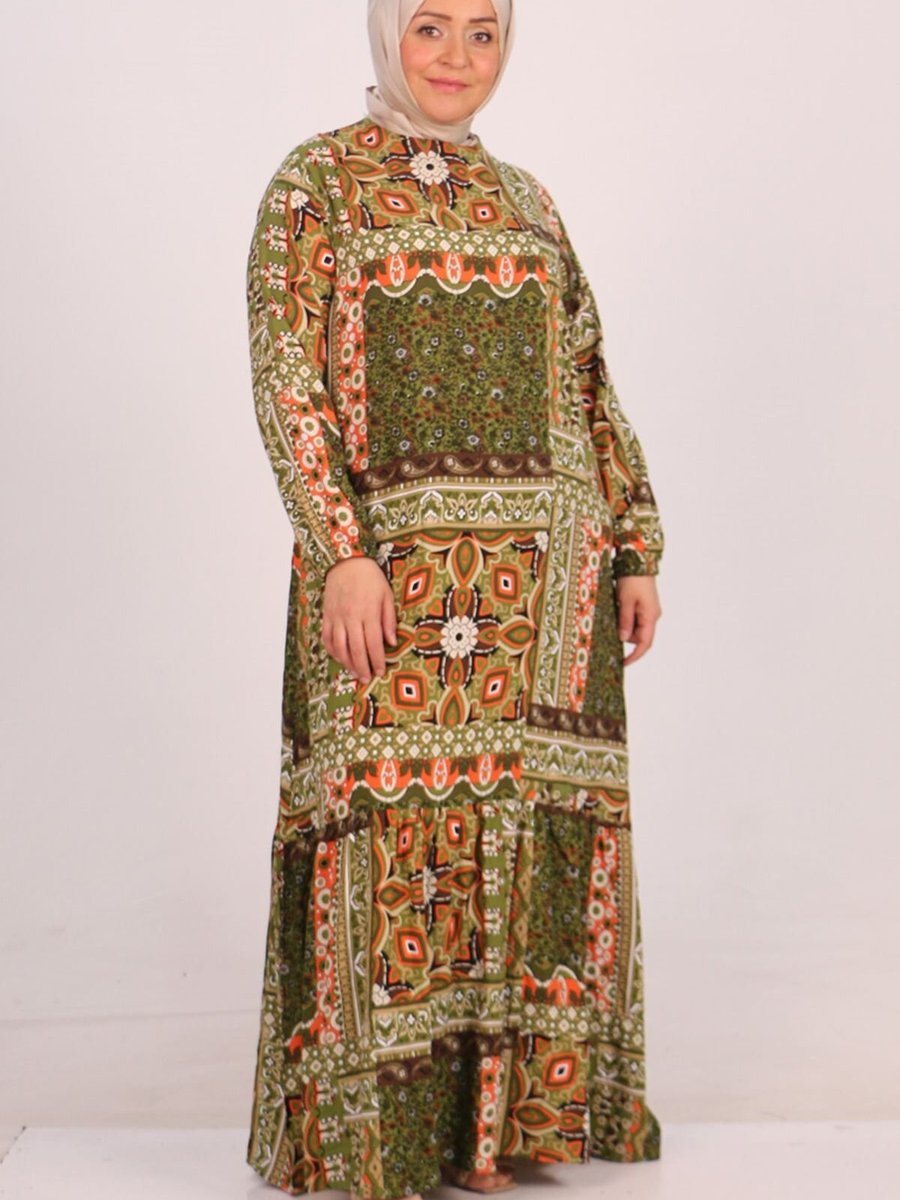 Moda Rosa Etnik Desen Yağ Yeşili Büyük Beden Eteği Fırfırlı Belmando Elbise