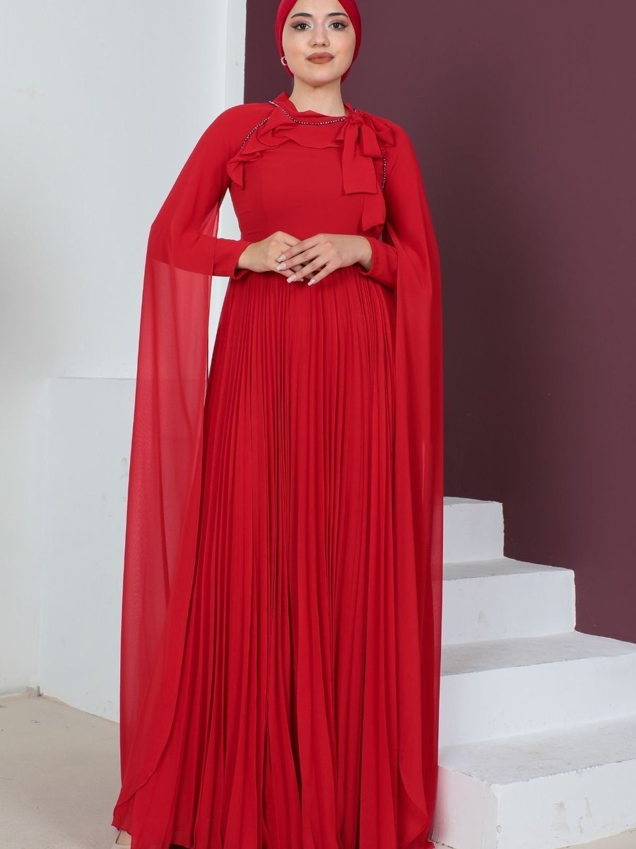 Phelda Kol Pelerin Detaylı Abiye Elbise Kırmızı