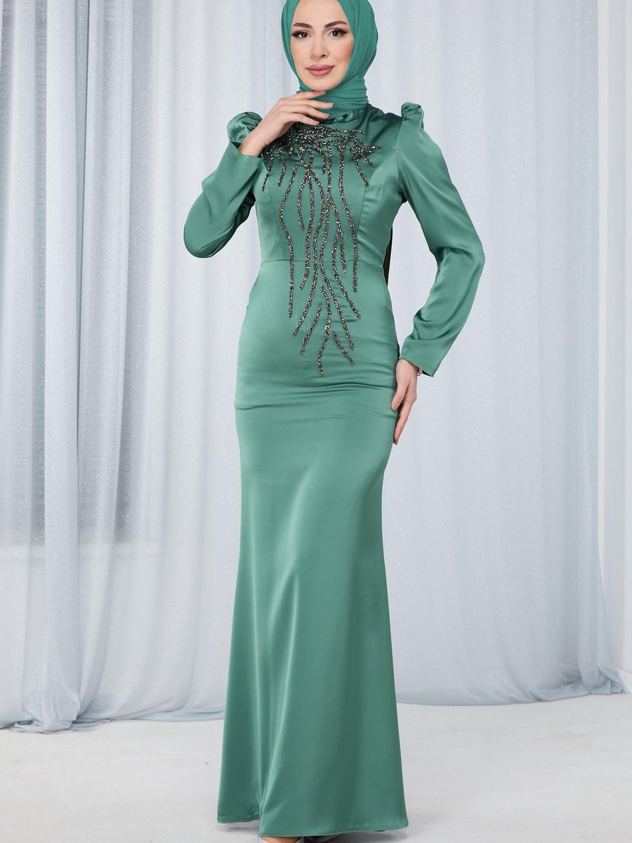 Tofisa Hakı Önü Taş Desen Kolları Büzgülü Abiye Elbise Tofisa Hakı Önü Taş Desen Kolları Büzgülü Abiye Elbise