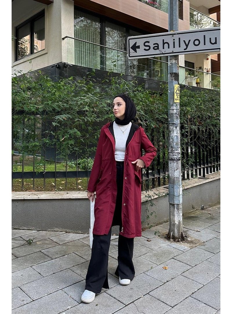 Burcu Fashion Bordo Belden Bağıcıklı Trençkot