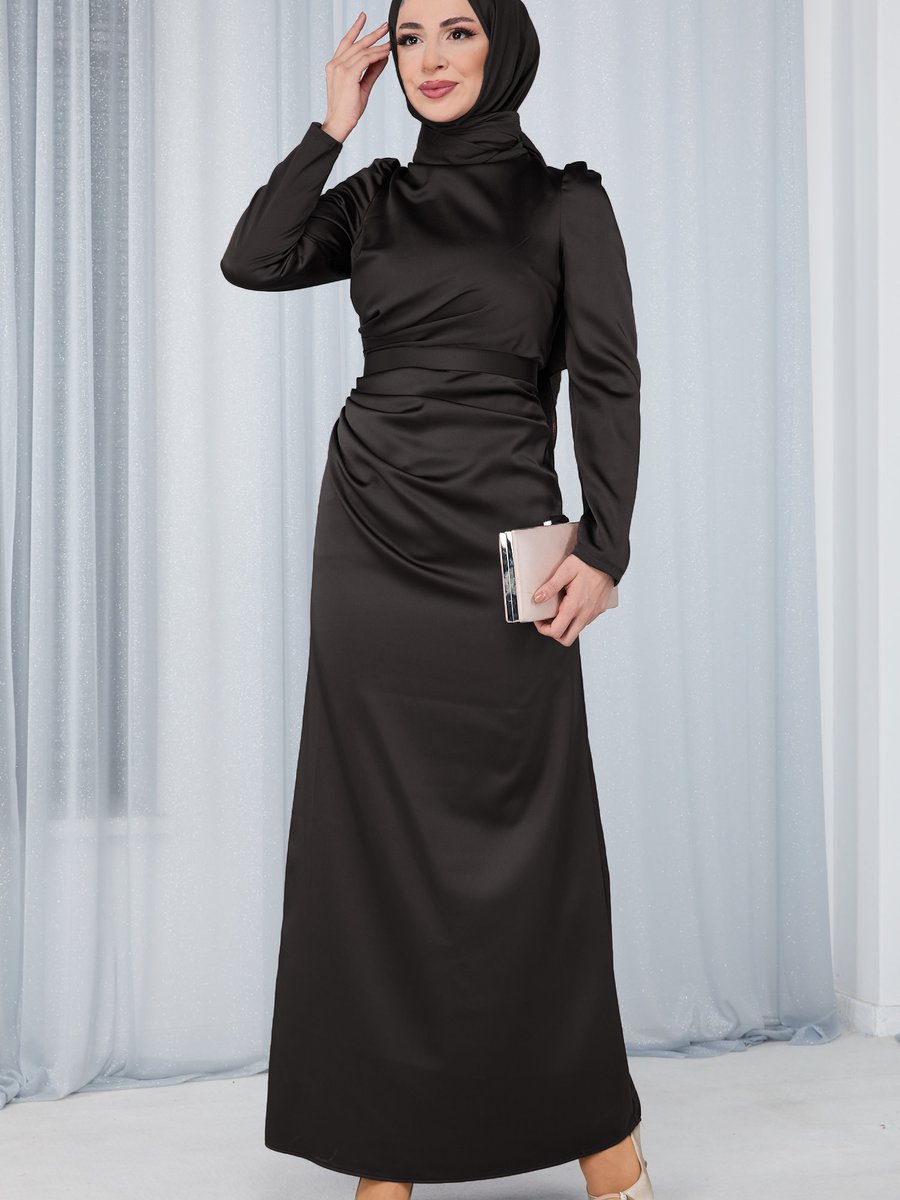 Tofisa Sıyah Drape Detaylı Saten Abiye Elbise