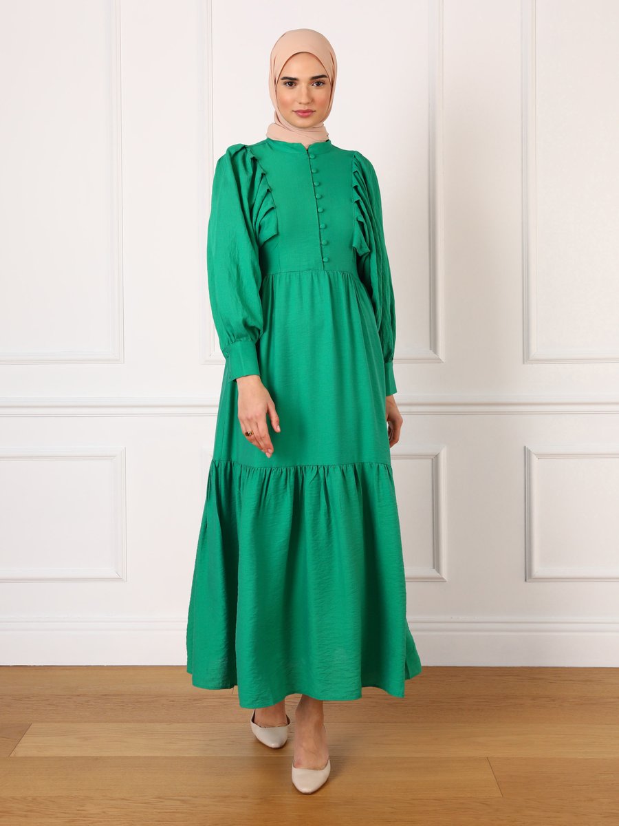 Refka Çimen Yeşili Brit Düğme Detaylı Yarasa Kollu Elbise