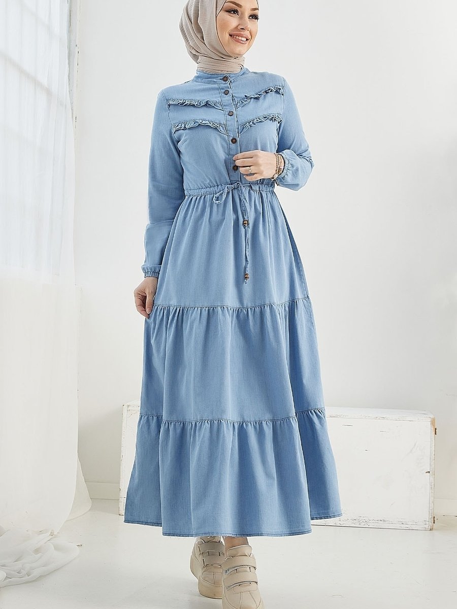 Instyle Felen Fırfır Detaylı Kot Elbise Açık Mavi