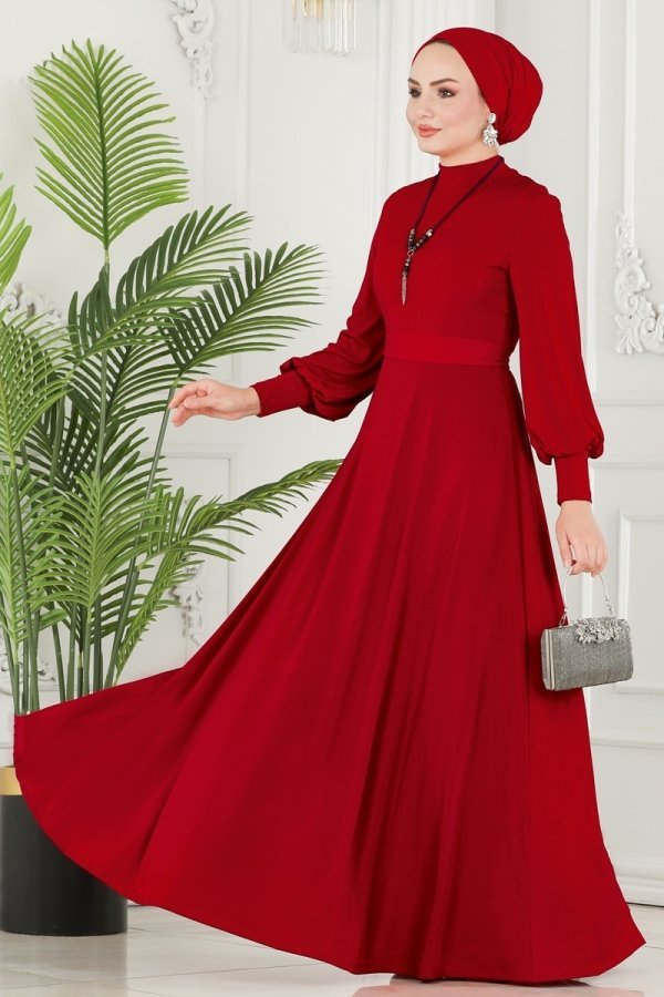 Moda Selvim Kırmızı Balon Kollu Sandy Elbise