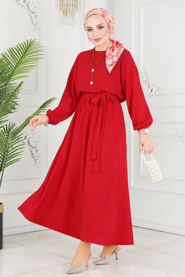 Moda Selvim Kırmızı Beli Lastikli Aerobin Elbise