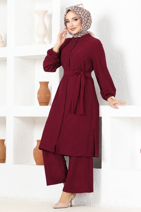 Moda Selvim Bordo Kemerli Kışlık Takım