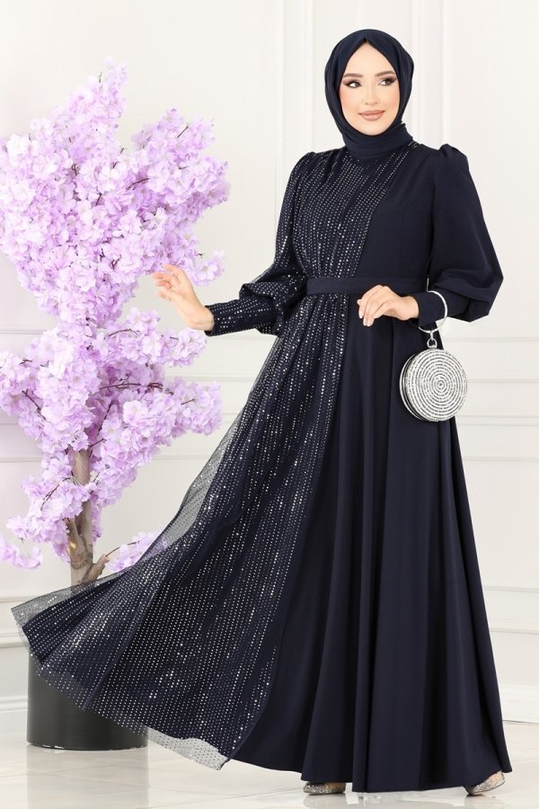 Moda Selvim Lacivert Sim Detaylı Tül Abiye Elbise
