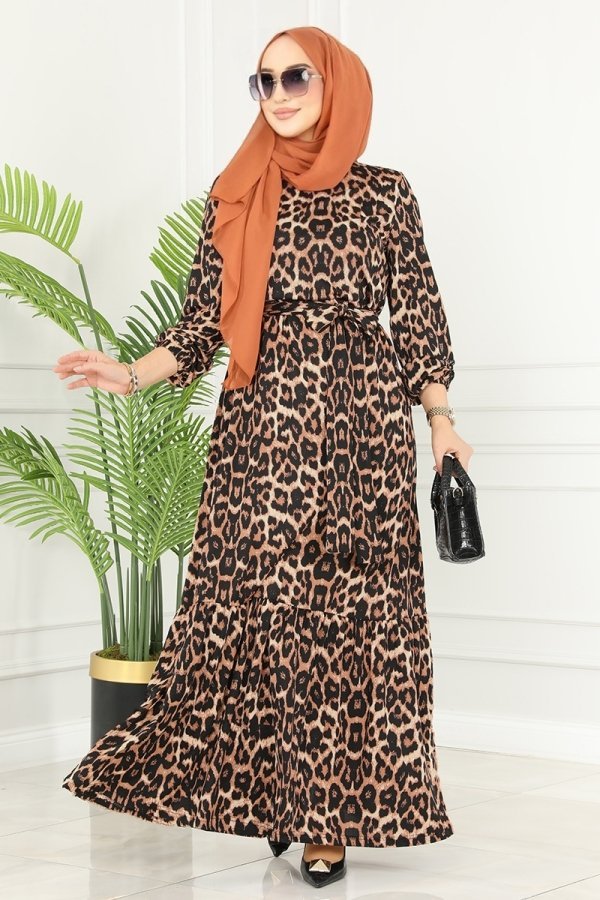 Moda Selvim Leopar Eteği Fırfırlı Helen Elbise