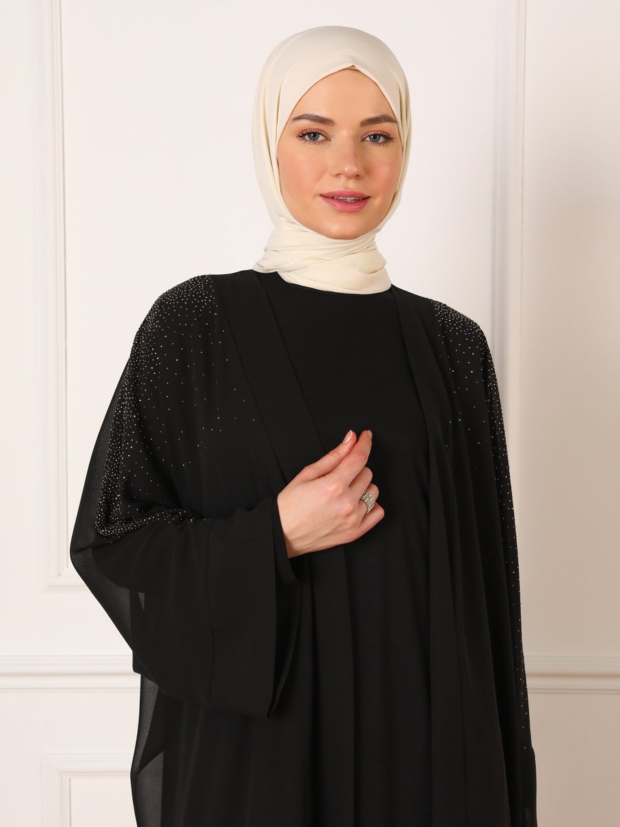 Refka Siyah Taş Detaylı Ferace & Elbise Takım