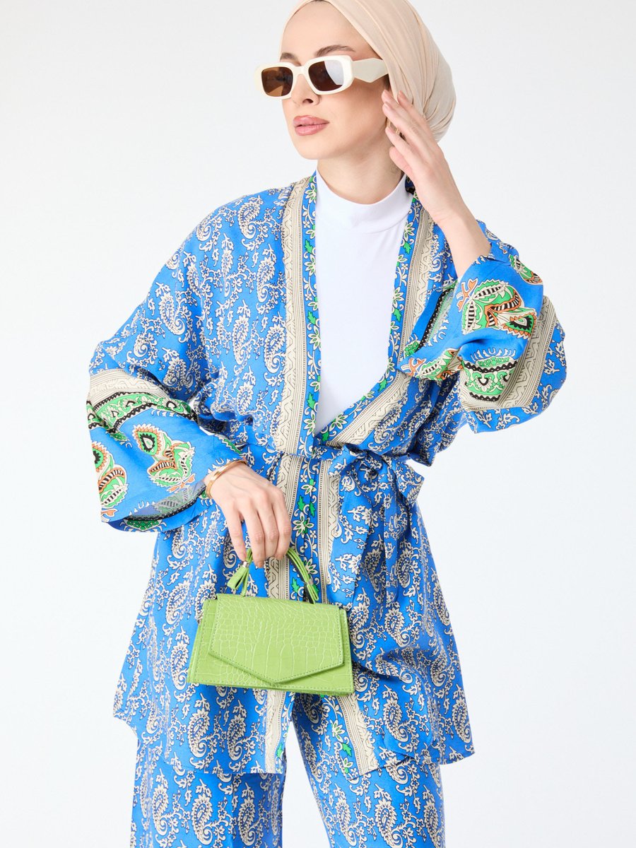 Tofisa Mavı Şal Desenli Kimono Ve Pantolon İkili Takım