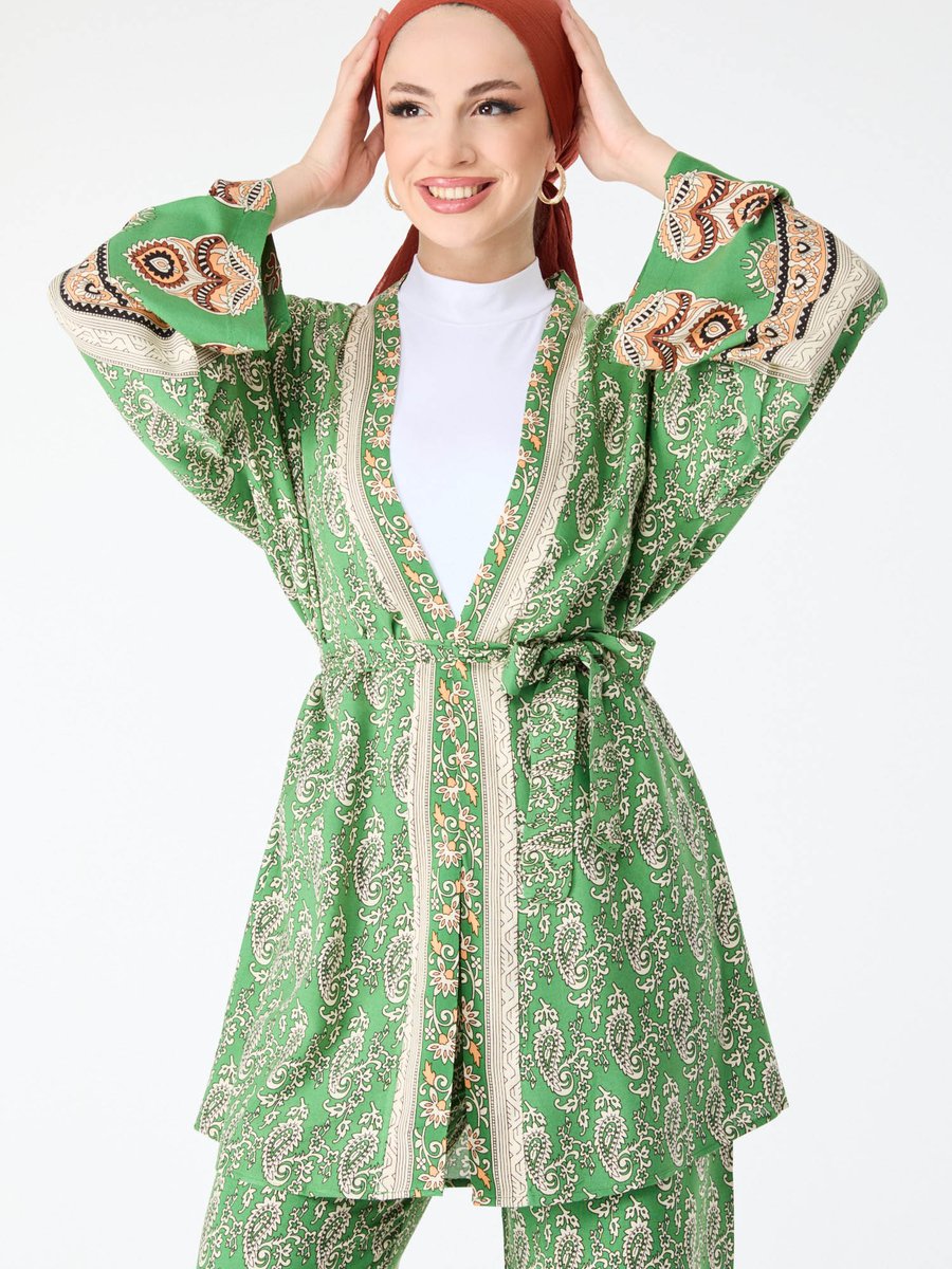 Tofisa Yesıl Şal Desenli Kimono Ve Pantolon İkili Takım