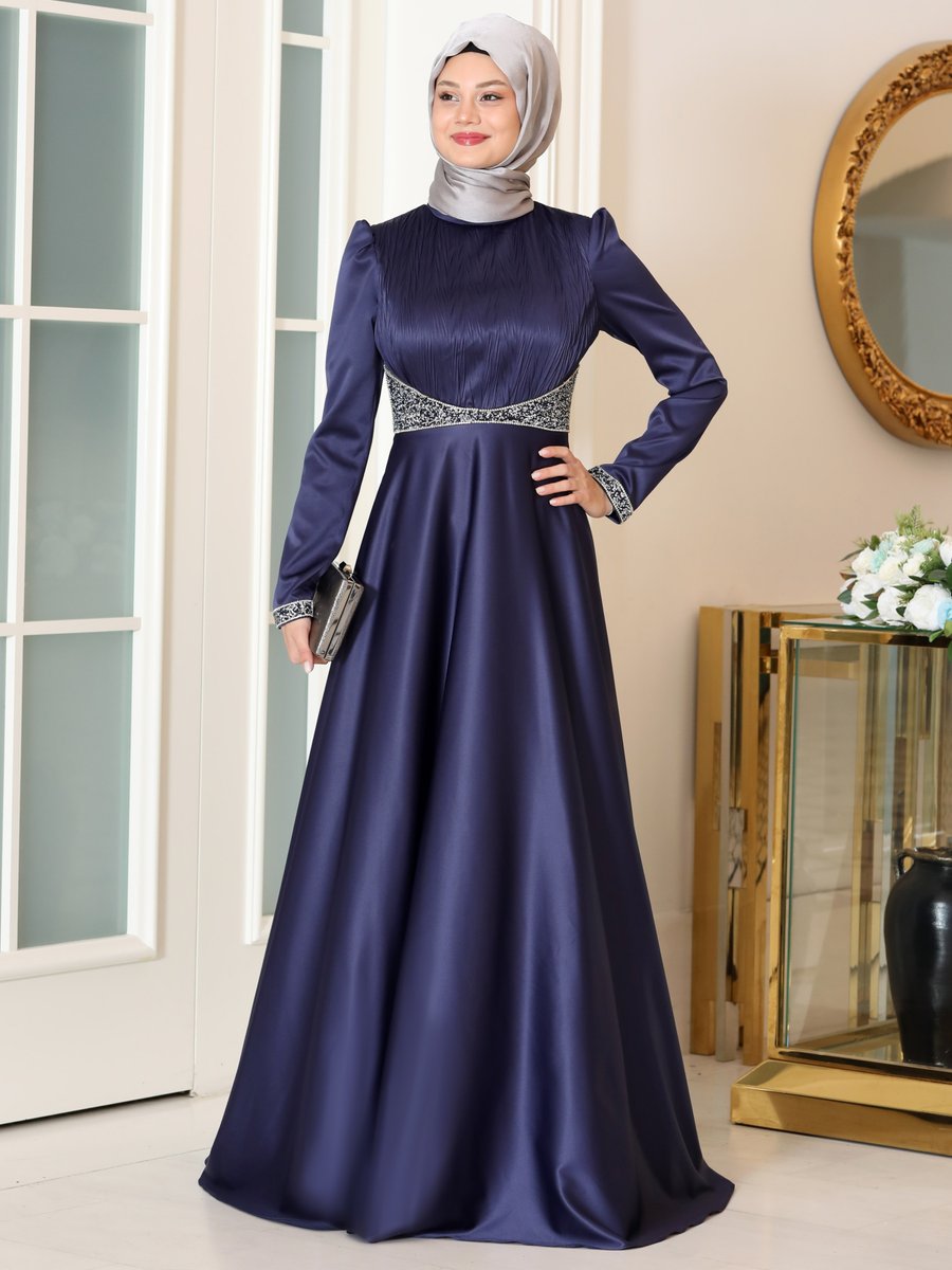 Azra Design Lacivert Gülfem Abiye Elbise