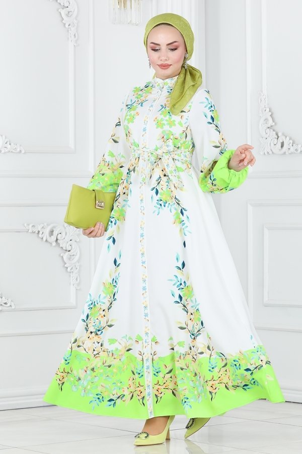 Moda Selvim Yeşil & Ekru Çiçek Desenli Elbise