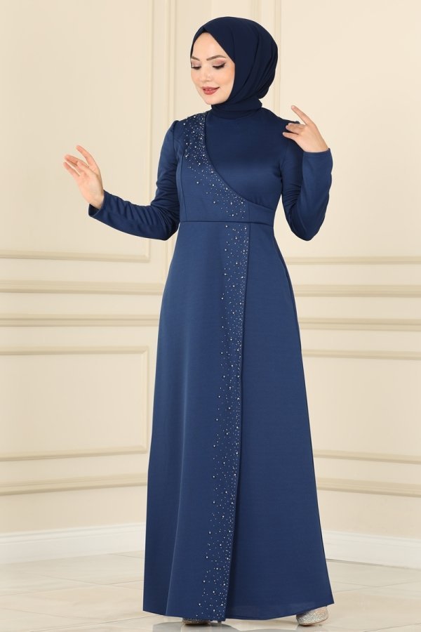 Moda Selvim Açık Lacivert İnci İşlemeli Elbise