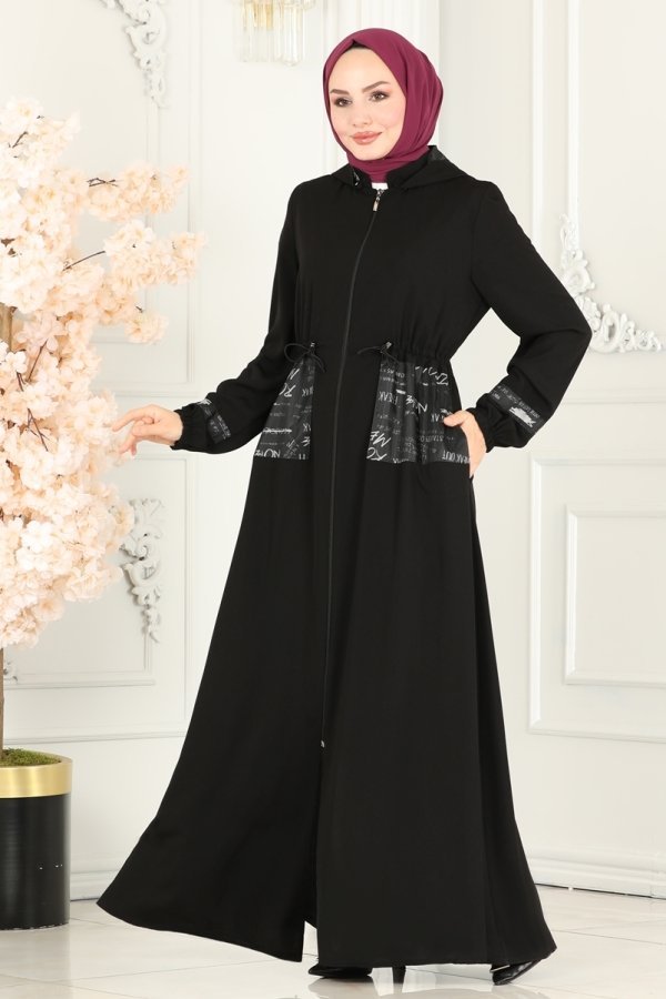 Moda Selvim Siyah Cep Detaylı Medine İpeği Ferace