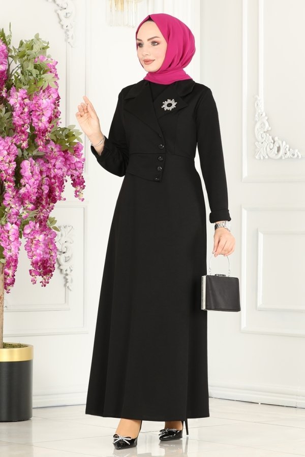 Moda Selvim Siyah Düğme Detaylı Şık Elbise