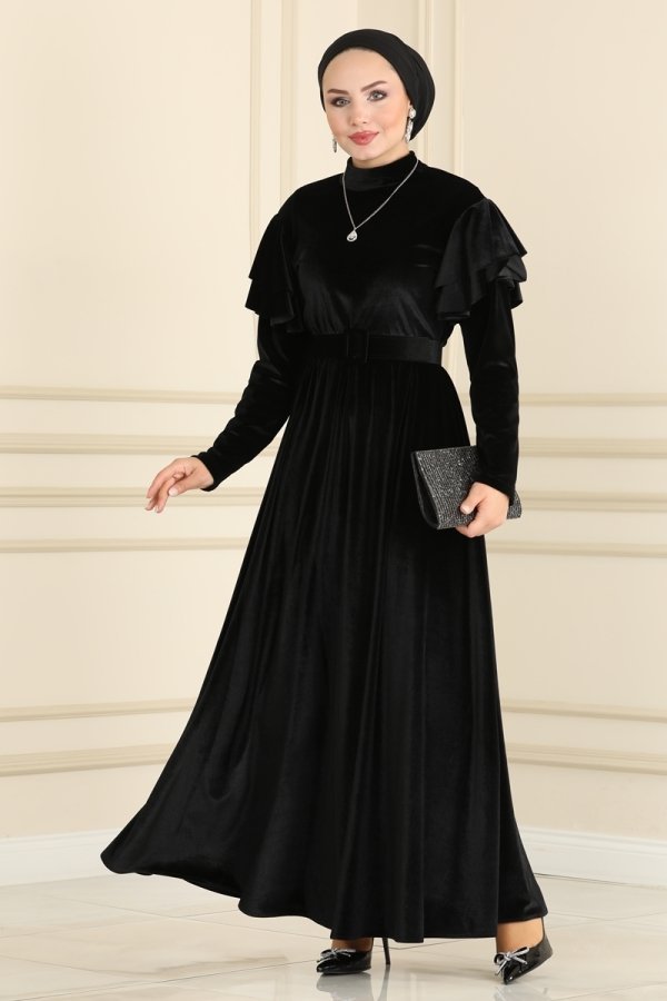 Moda Selvim Siyah Kolları Volanlı Elbise