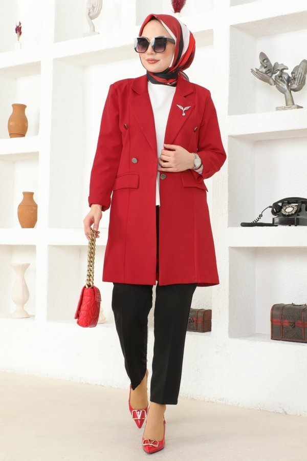 Moda Selvim Kırmızı & Siyah Blazer Ceket Dabıl Takım