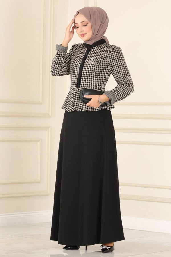 Moda Selvim Kazayağı Vizyon & Siyah Bluzu Volanlı Kışlık Elbise