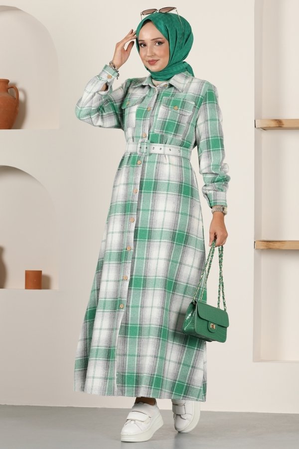 Moda Selvim Benetton Yeşili Kaplama Kemerli Ekose Elbise