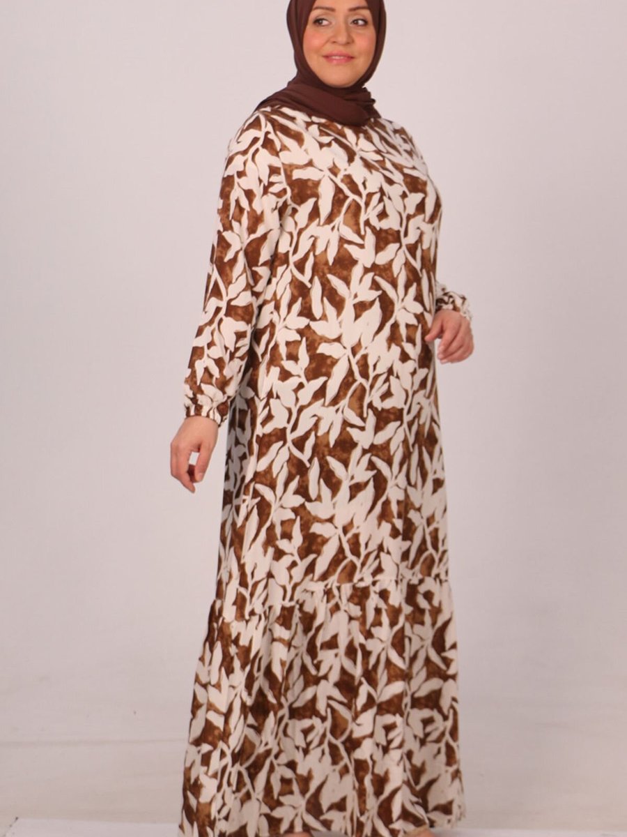 Moda Rosa Kahve Bej Desenli Büyük Beden Eteği Fırfırlı Belmando Elbise