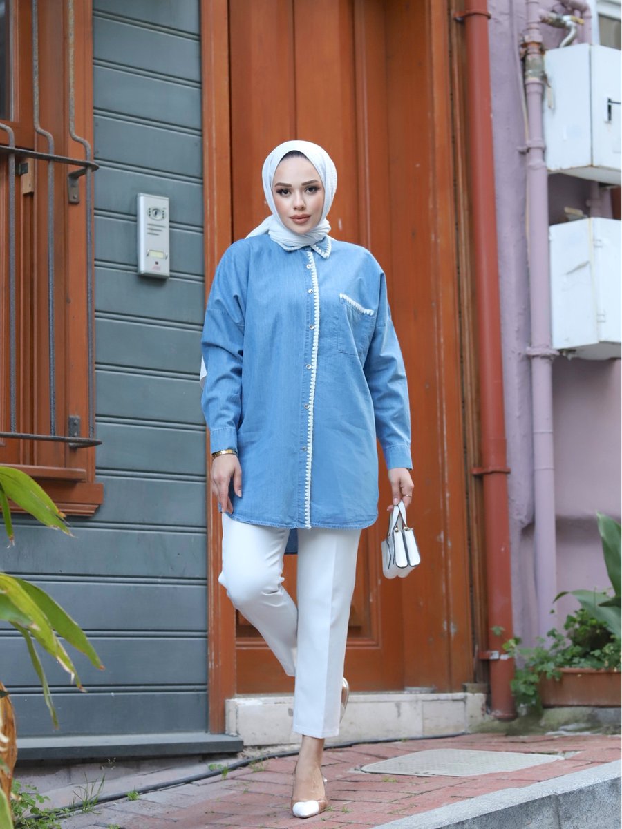Sfg Life Moda Kadın Önü Cepli Ve Düğme'li Uzun Tunik Şık Yıkamalı Kot Gömlek