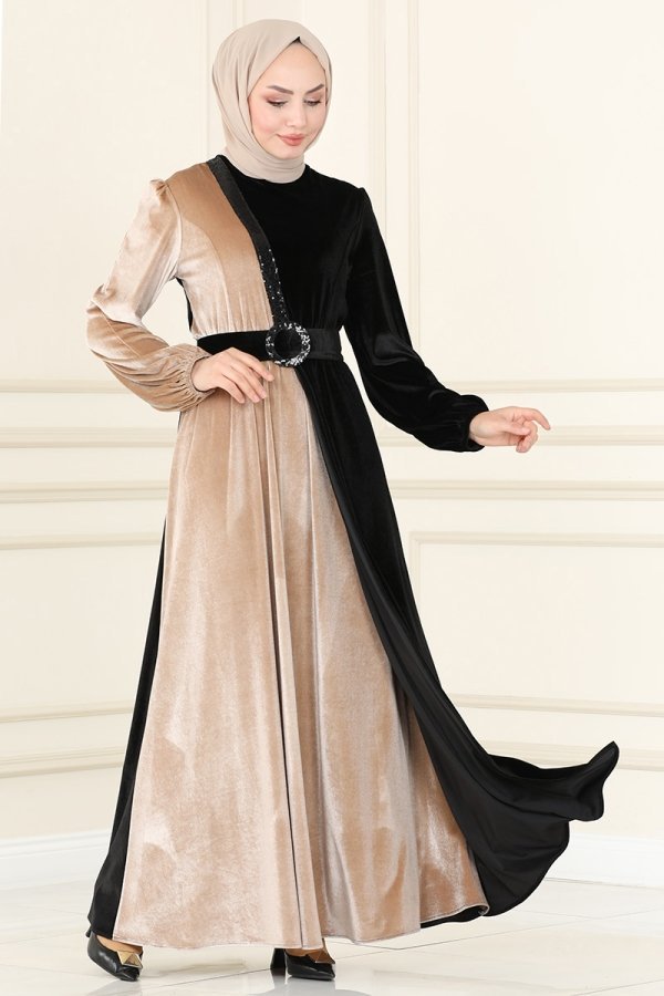 Moda Selvim Siyah & Vizyon Çift Renkli Kadife Elbise