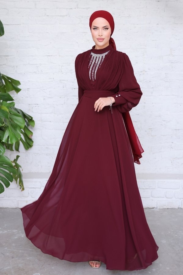 Moda Selvim Bordo Neva Şifon Abiye Elbise