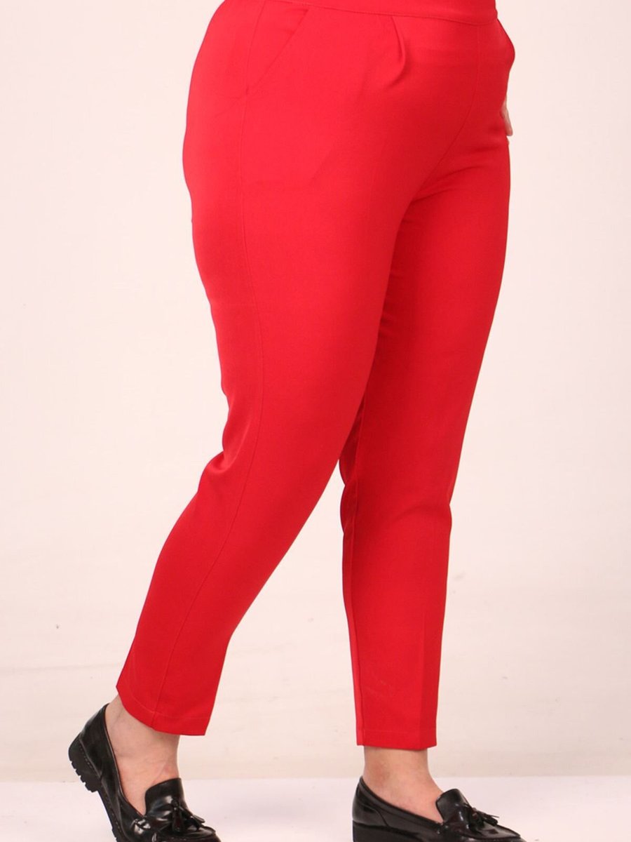 Moda Rosa Kırmızı Büyük Beden Beli Lastikli Pile Detaylı Aspen Pantolon