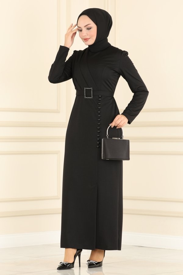 Moda Selvim Siyah Aksesuar Düğmeli Kalem Elbise