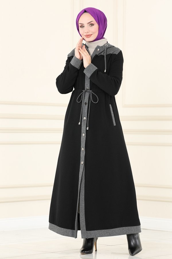 Moda Selvim Siyah & Gri Garnili Kışlık Ferace
