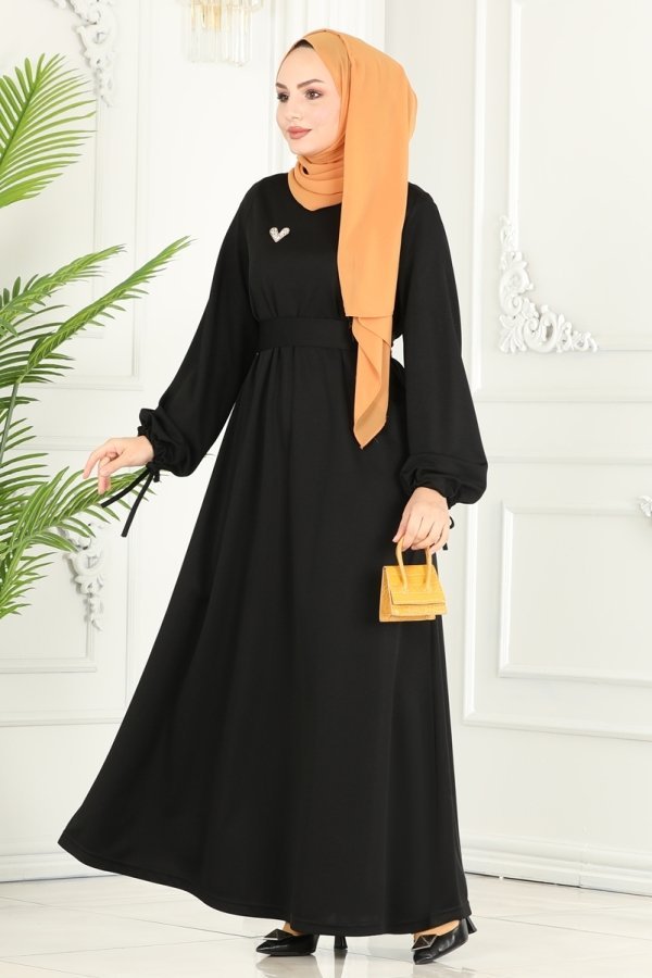 Moda Selvim Siyah Manşeti Bağcıklı Elbise