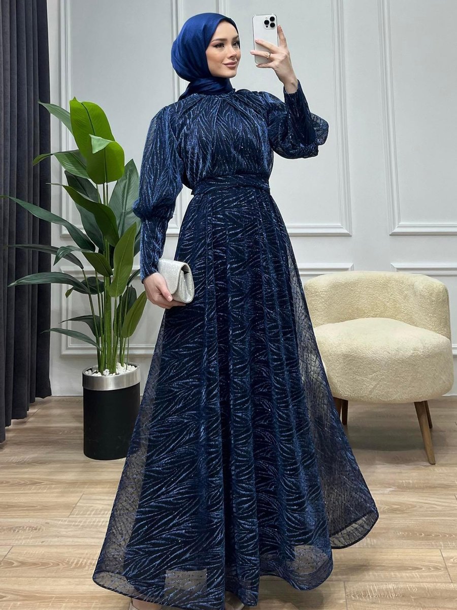 Modaensarbutik Desenli Sim Detaylı Tül Abiye Elbise Lacivert