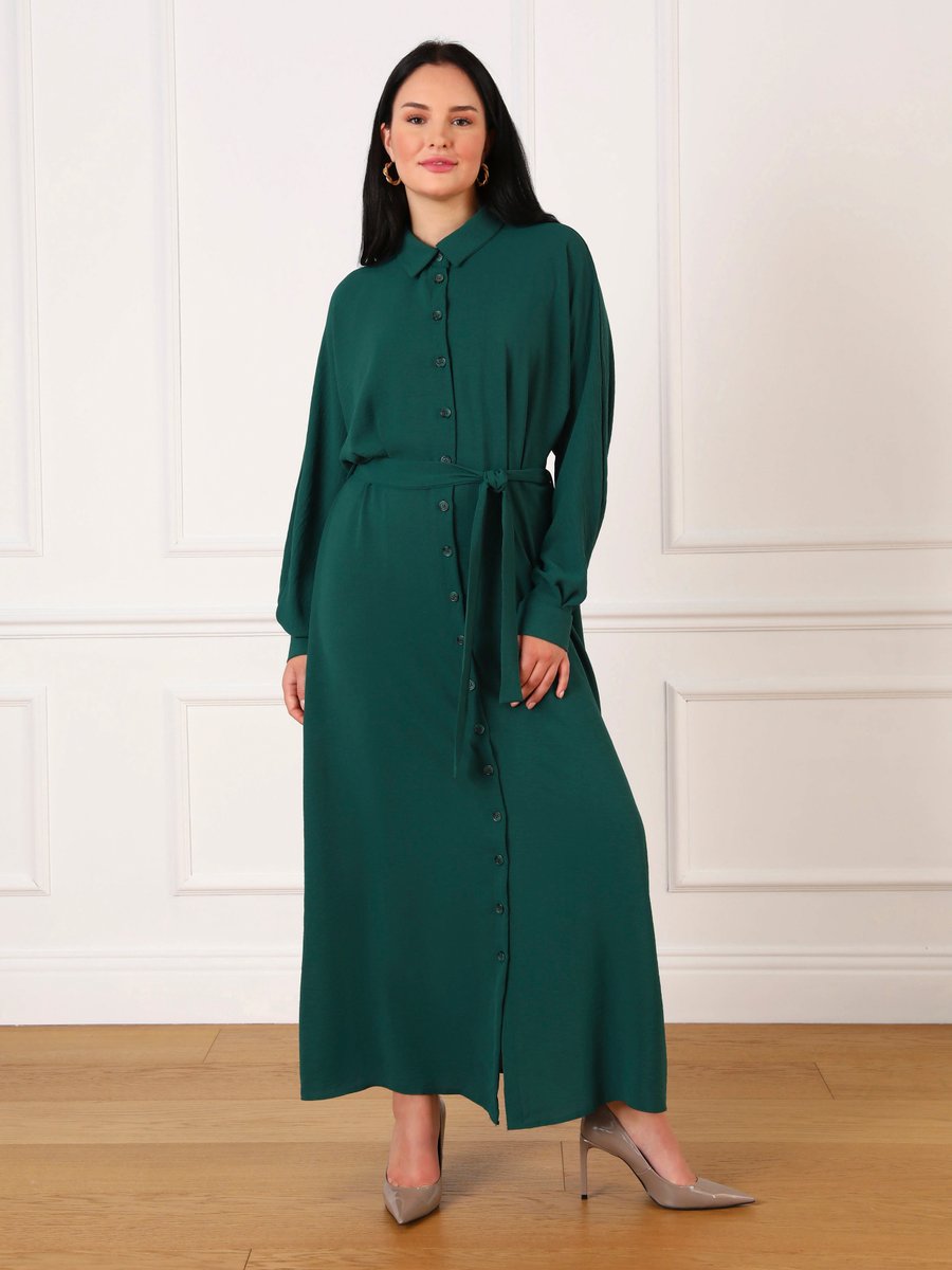 Alia Zümrüt Yeşili Büyük Beden Boydan Düğmeli Aerobin Elbise