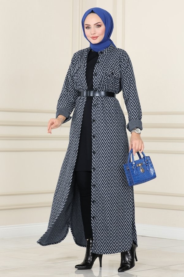 Moda Selvim Lacivert Deri Kemerli Kışlık Elbise & Ferace