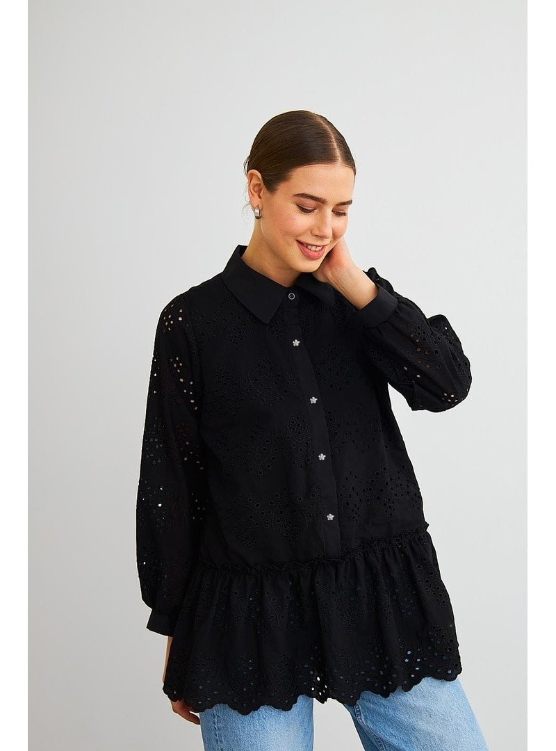 BASICPARK Siyah Vale Taş İşlemeli Eteği Fırfırlı Brode Gömlek