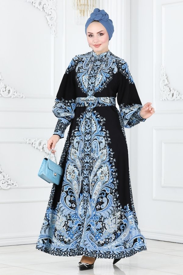 Moda Selvim Siyah & Mavi Kaplama Kemerli Atlas Elbise