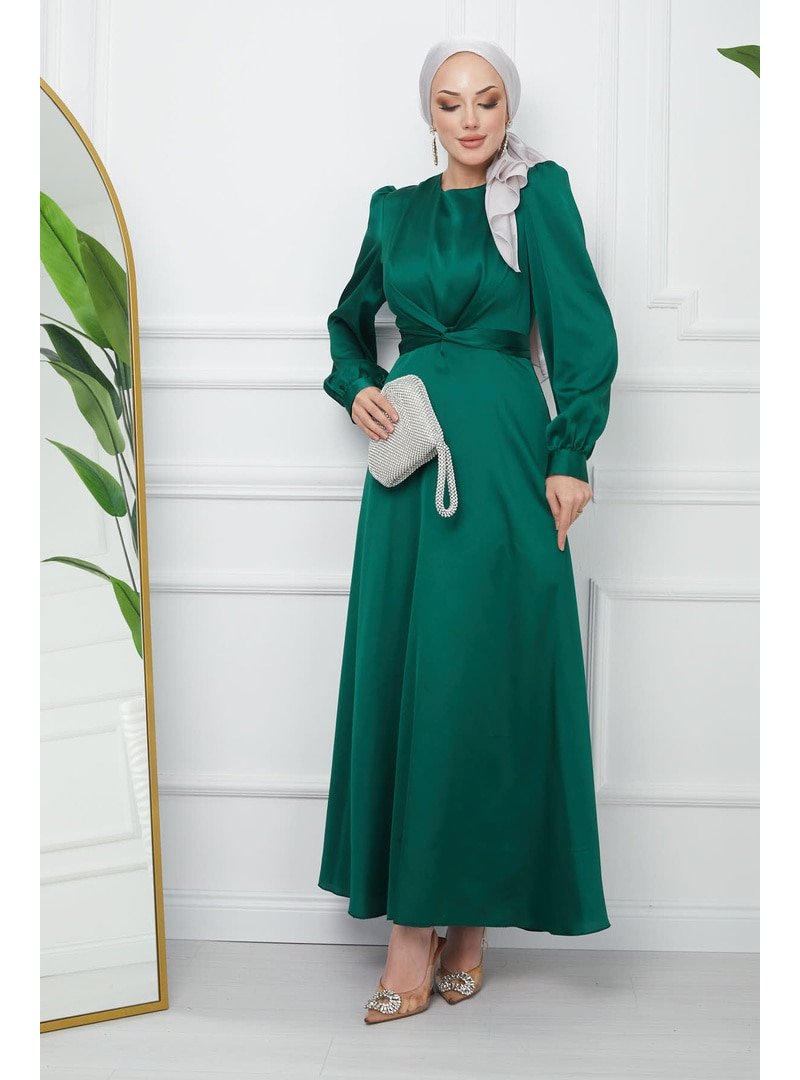 İmaj Butik Zümrüt Yeşili Bağlama Detaylı Saten Abiye Elbise