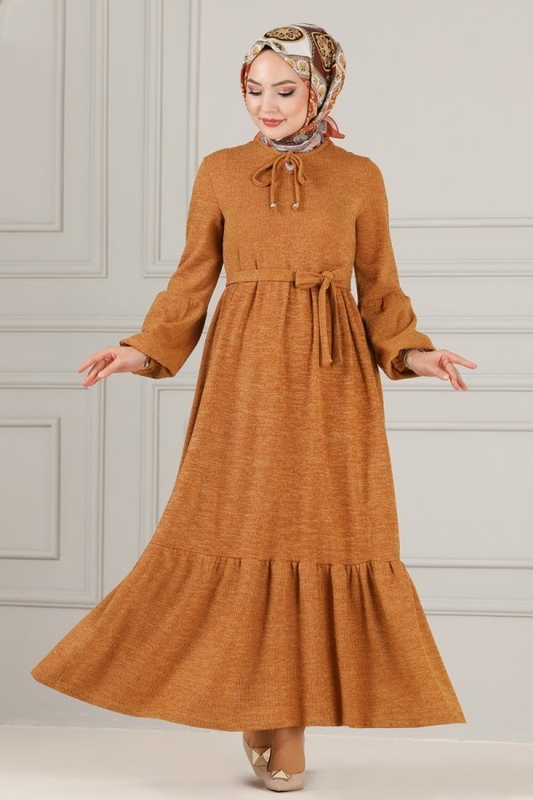 Moda Selvim Hardal Yakası Bağcıklı Selanik Elbise