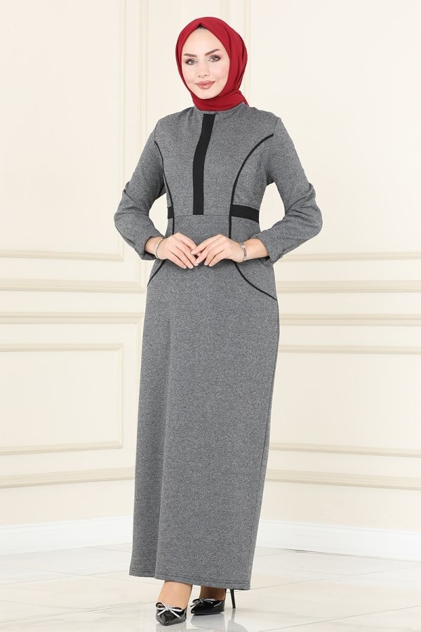 Moda Selvim Gri Kışlık Kalem Elbise
