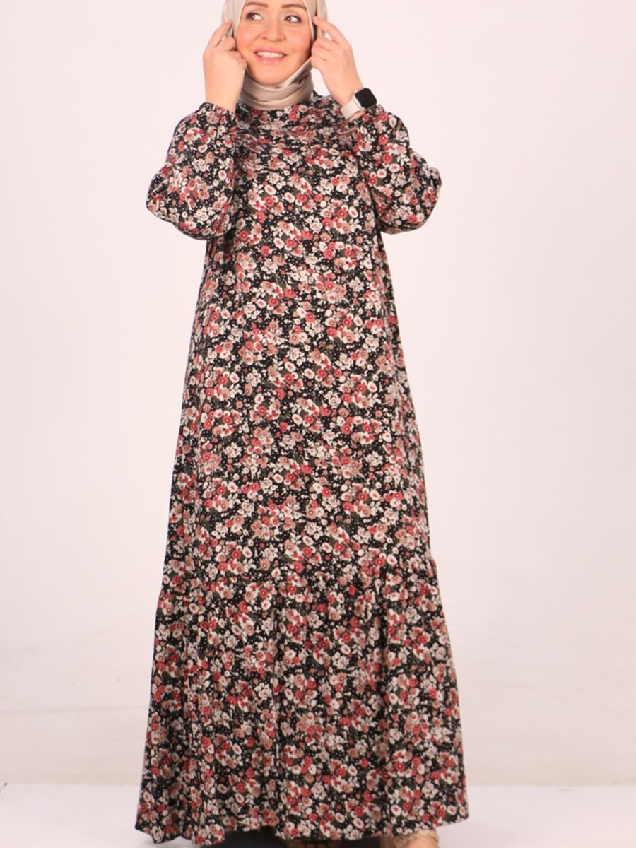 Moda Rosa Çiçek Desen Gül Büyük Beden Eteği Fırfırlı Belmando Elbise