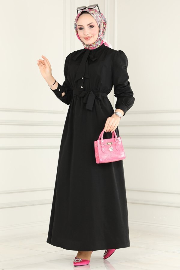 Moda Selvim Siyah Yakası Bağlamalı Terikoton Elbise