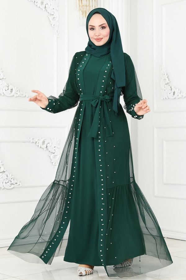Moda Selvim Zümrüt İnci Detay İkili Abiye Elbise Takım